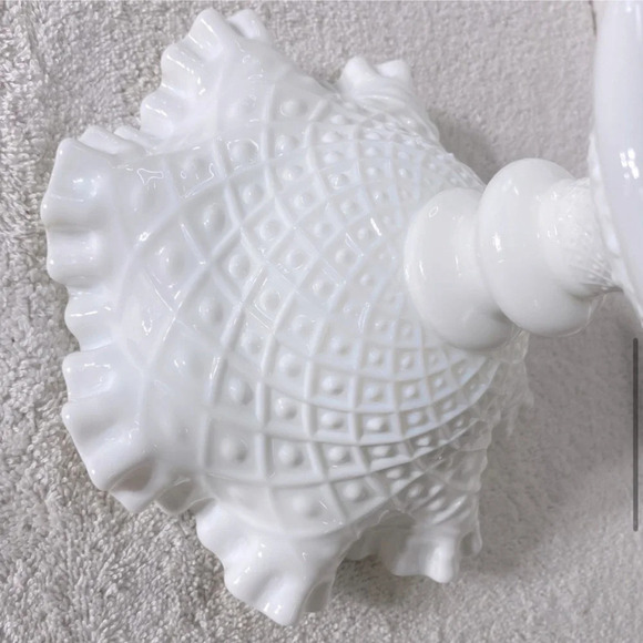 Vintage Fenton Milk Glass Hobnail Ruffle Edge Pedestal Compote Candle Holder - Picture 8 of 15